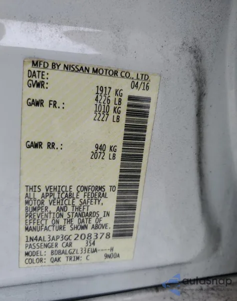 2016 Nissan Altima 2.5 z USA, uszkodzony, nr VIN 1N4AL3AP3GC208378